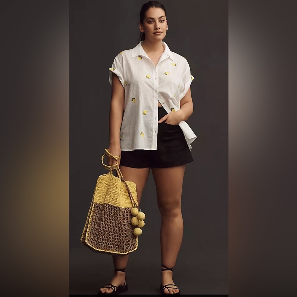 Anthropologie Maeve Lemon Embroidered Short Sleeve Shirt